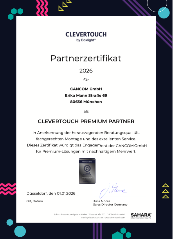 Clevertouch Zertifikat Premium Partner Cancom 2025 V2
